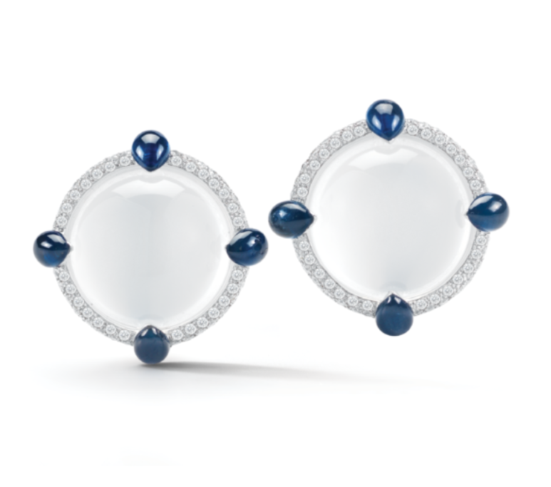 Seaman Schepps White Quartz Earrings with Sapphire and Diamond Accents in 18k White Gold