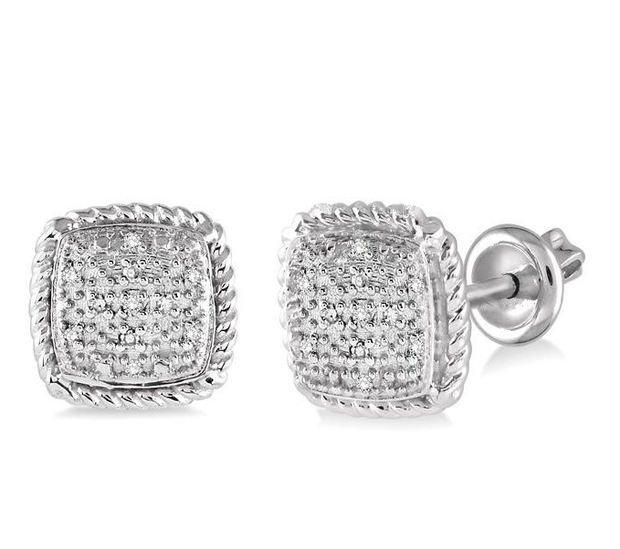 Sterling Silver Pave Diamond Cushion Stud Earrings