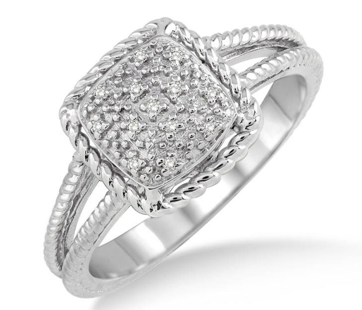 Sterling silver ring with rope textured split shank and a pave diamond cushion shaped center bordered by roped edging.