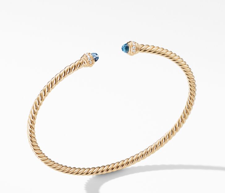 David Yurman Cable Spira, Bracelet in 18K Gold with Hampton Blue Topaz and Diamonds, 3mm, Size M