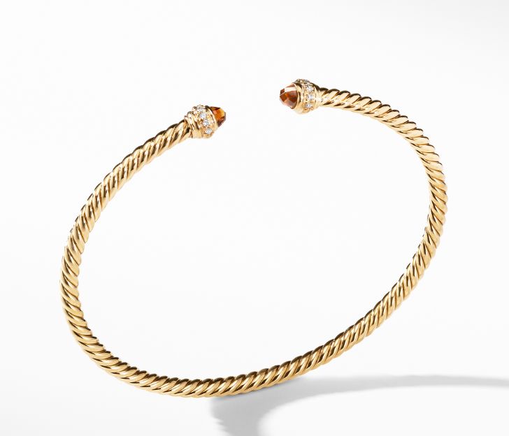 David Yurman Cable Spira Bracelet in 18K Gold with Madeira Citrine and Diamonds, 3mm, Size M