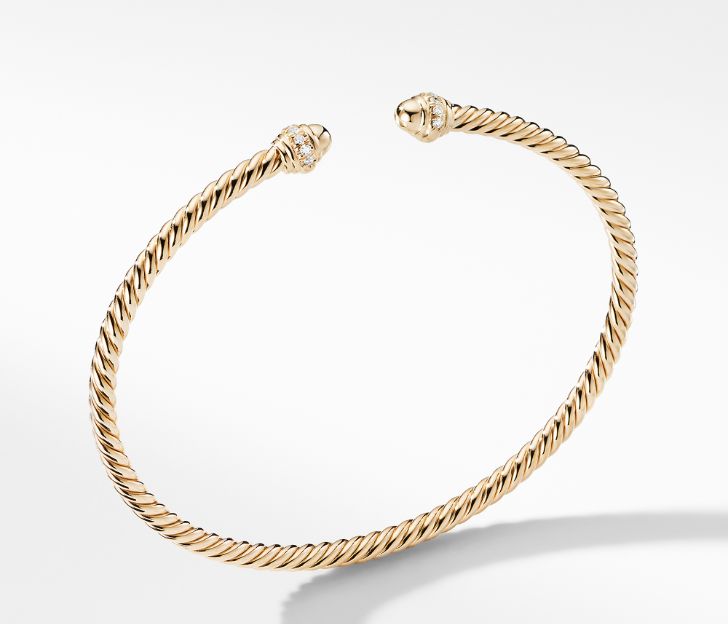 David Yurman Cable Spiral Bracelet in 18K Gold with Diamonds, 3mm, Size M