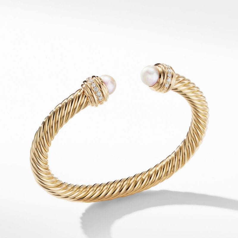 David Yurman Cable Bracelet in 18K Gold with Pearls and Diamonds, Size M