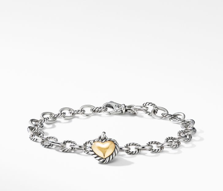 David Yurman Cable Cookie Classic Heart Charm Bracelet with 18K Yellow Gold, Size S