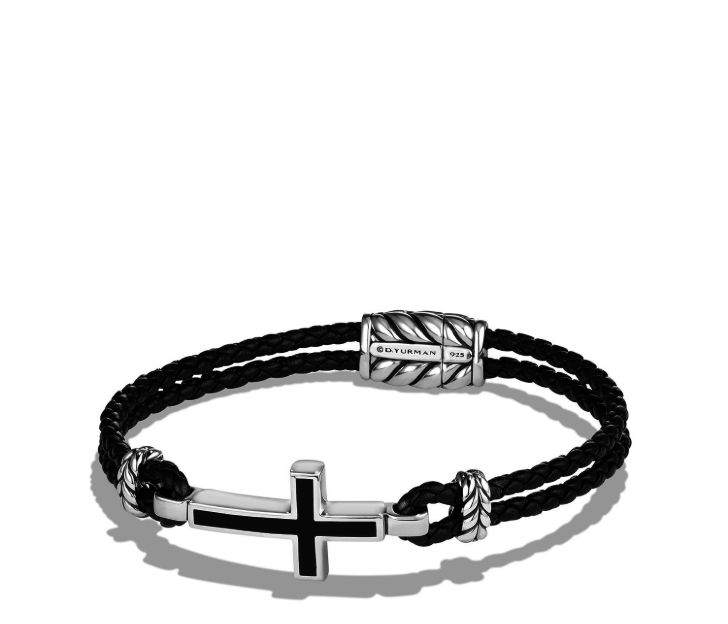 David Yurman Cross Station Leather Bracelet with Black Onyx, Size M