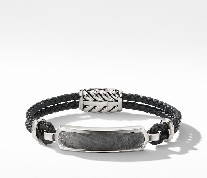 David Yurman Exotic Stone Bar Station Bracelet in Black Leather with Meteorite, Size M