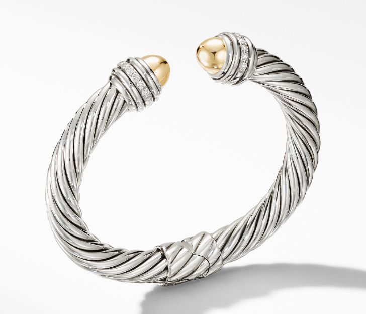 David Yurman Cable Bracelet with 18K Yellow Gold Domes and Diamonds, Size M