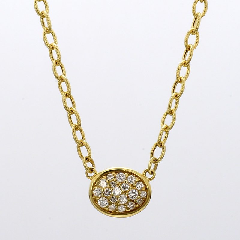 Pave Diamond Oval Pendant Necklace in 14k Yellow Gold