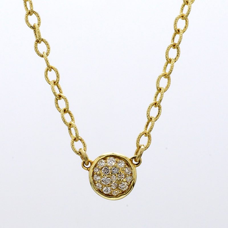 Pave Diamond Round Pendant Necklace in 14k Yellow Gold