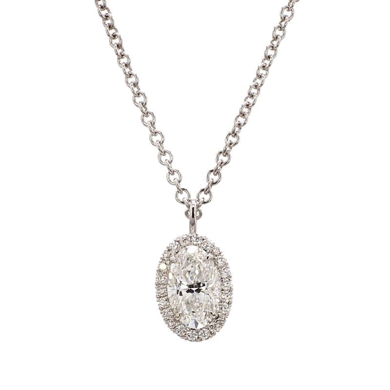 Oval Diamond Halo Pendant Necklace in 18k White Gold