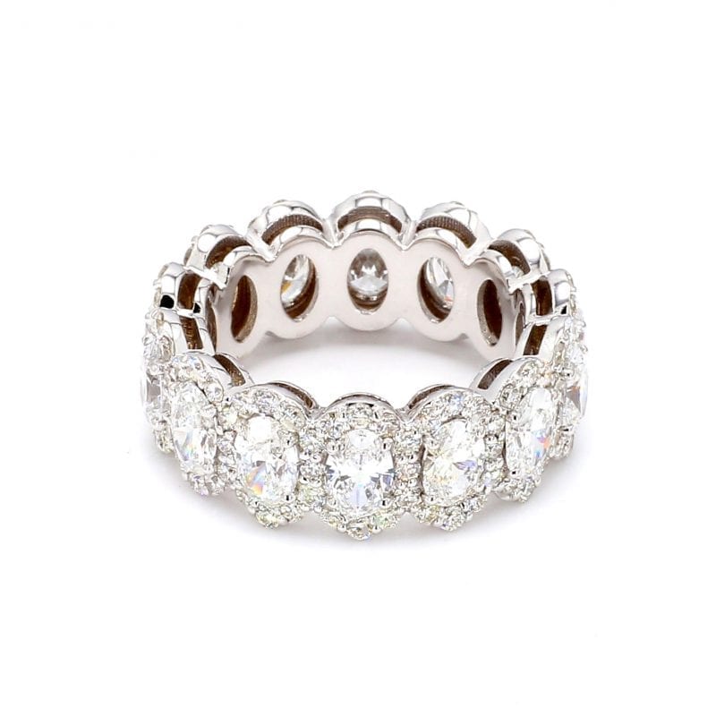 Halo Oval Cut Diamond Eternity Ring in 18k White Gold