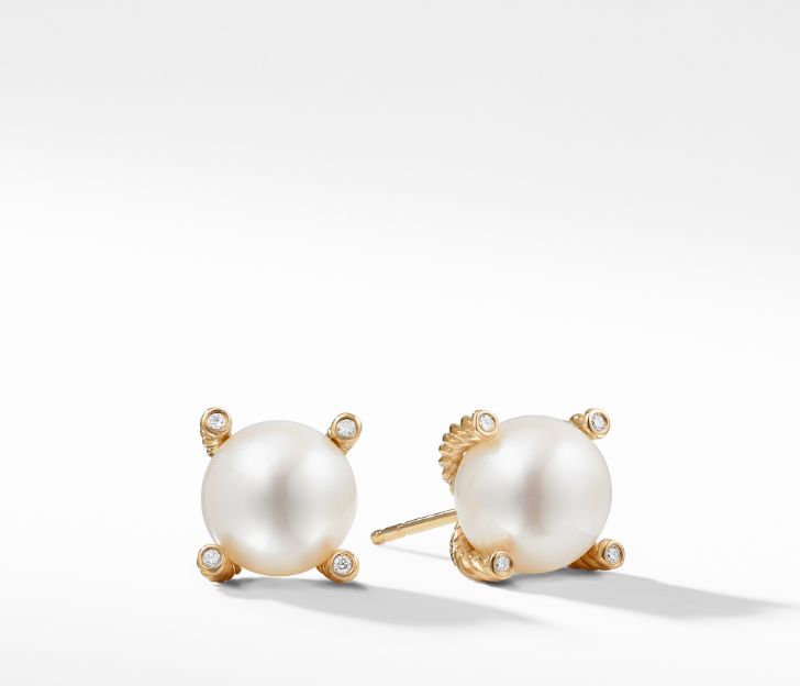 David Yurman Pearl Earrings with Diamonds in Gold