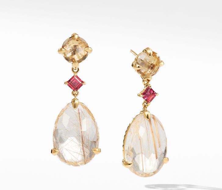 David Yurman Chatelaine Drop Earrings in 18K Yellow Gold with Rutilated Quartz, Champagne Citrine, and Pink Tourmaline