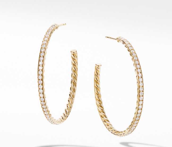 David Yurman Medium Hoop Earrings in 18K Yellow Gold with Pave Diamonds