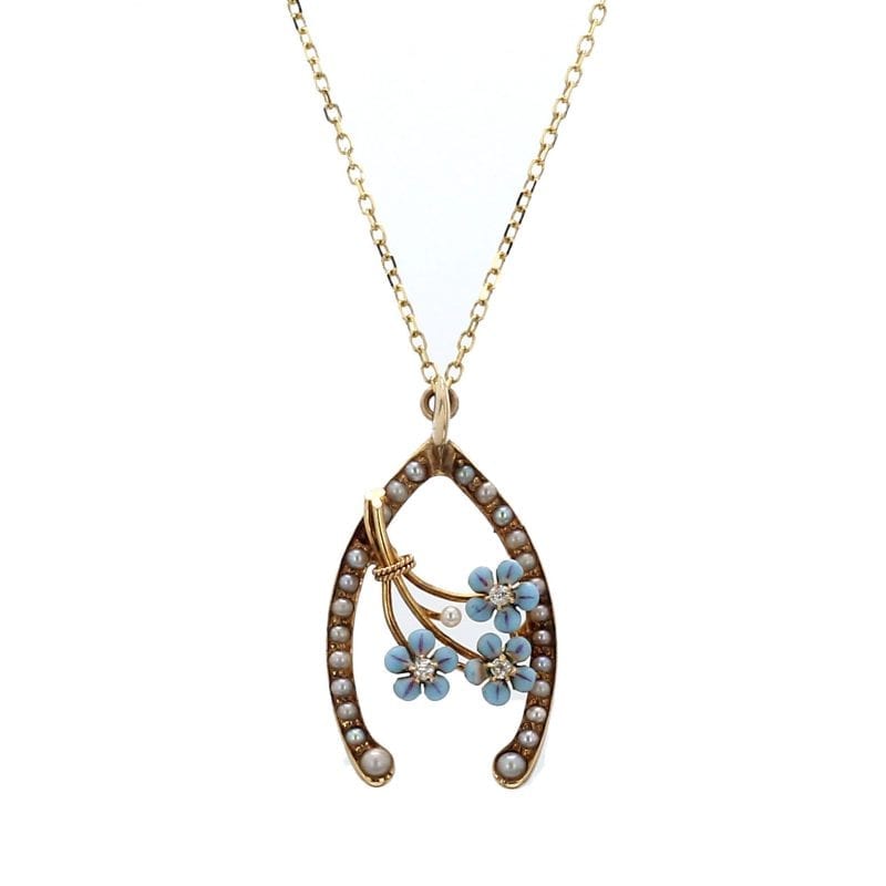 Bailey's Estate Wishbone Pendant with Seed Pearls in 14k Yellow Gold, 18"