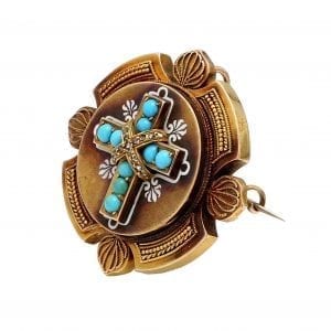 Bailey's Estate Pin with Cross Design in Turquoise and Diamond set in 14k Yellow Gold
