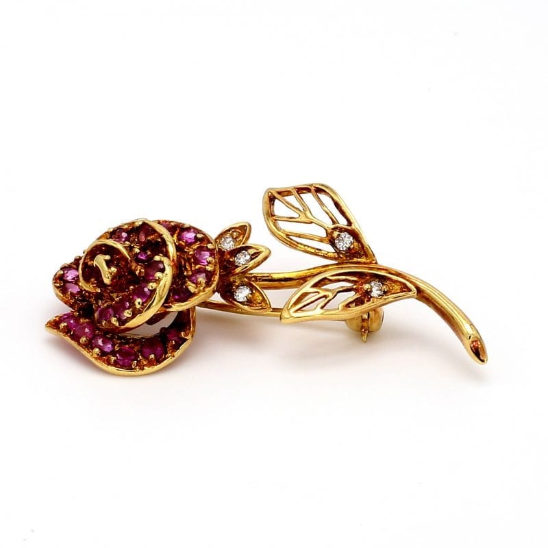 Bailey's Estate Flower Pin with Rubies and Diamonds in 18k Yellow Gold