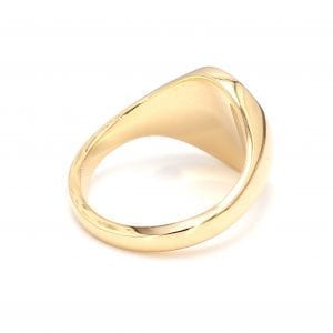 135 degree angle of ring. A polished yellow gold shank leads to the back of a polished oval signet face.