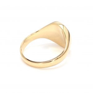 135 degree angle of ring. A polished yellow gold band leads to the polished back of an oval signet face.