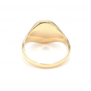 Back view of ring. A polished yellow gold band leads to the polished back of an oval signet face.