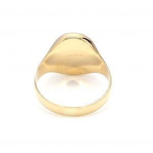 Back view of ring. A polished yellow gold shank thickens towards the top, center where it meets the polished back of an oval signet face.