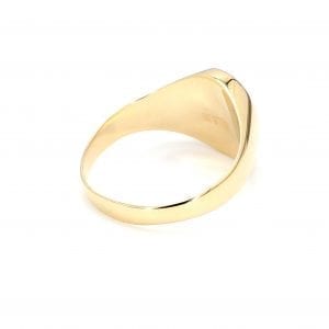 135 degree angle of ring. A polished yellow gold shank thickens towards the polished back of an oval signet face.