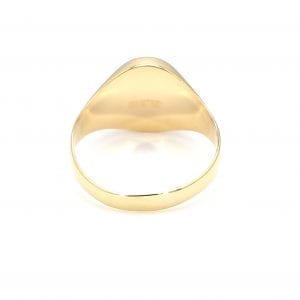 Back view of ring. A polished yellow gold shank thickens towards the polished back of an oval signet face.