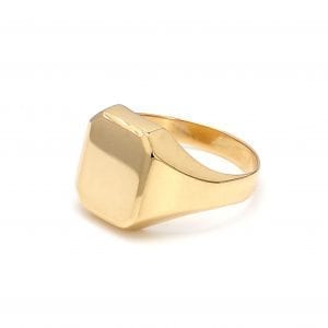 45 degree angle of ring. This polished signet ring features a rectangular face with a plain gold shank. This polished signet ring features a rectangular face with a plain gold shank.