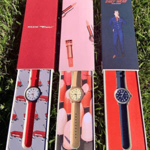 blue tan and red watches in boxes