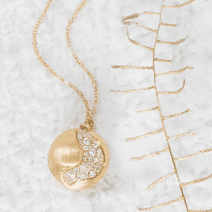 gold and diamond necklace on white and gold background