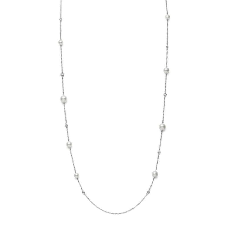 Mikimoto Akoya Cultured Pearl and Diamond Station Necklace in 18k White Gold