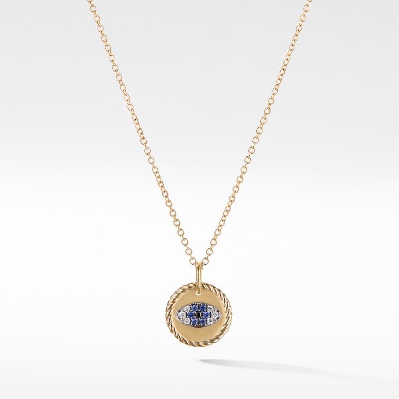 David Yurman Cable Collectibles Evil Eye Charm Necklace with Blue Sapphire, Black Diamonds, and Diamonds in Gold, 18 IN