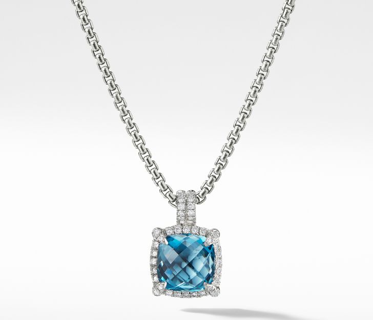 David Yurman Chatelaine Pave Bezel Pendant Necklace with Hampton Blue Topaz and Diamonds, 9mm, 18 IN