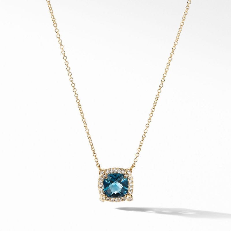 David Yurman Petite Chatelaine Pave Bezel Pendant Necklace in 18K Yellow Gold with Hampton Blue Topaz, 18 IN
