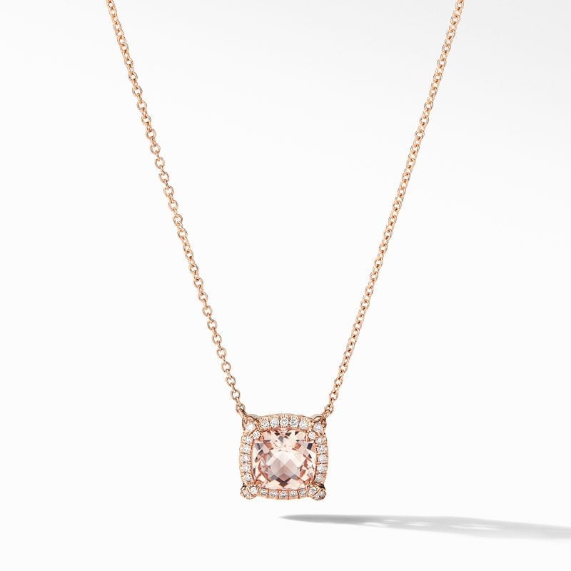 David Yurman Petite Chatelaine Pave Bezel Pendant Necklace in 18K Rose Gold with Morganite, 18 IN