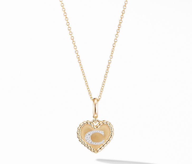 David Yurman Initial Heart Charm Necklace in 18K Yellow Gold with Pave Diamonds, 18 IN