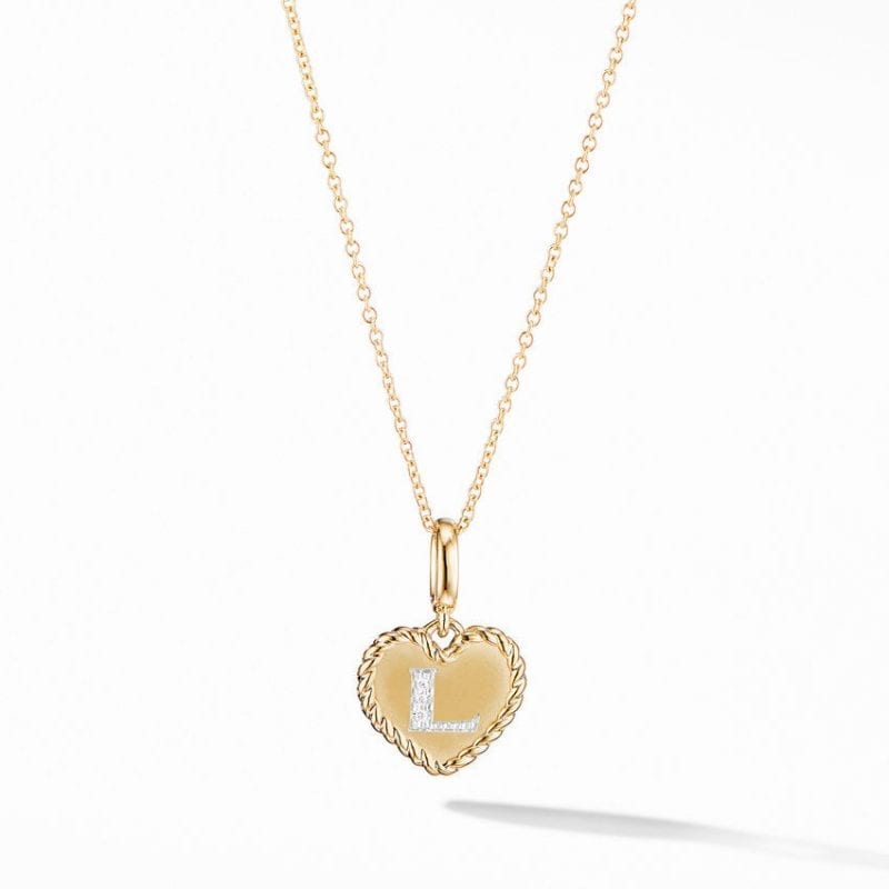 David Yurman Initial Heart Charm Necklace in 18K Yellow Gold with Pave Diamonds, 18 IN