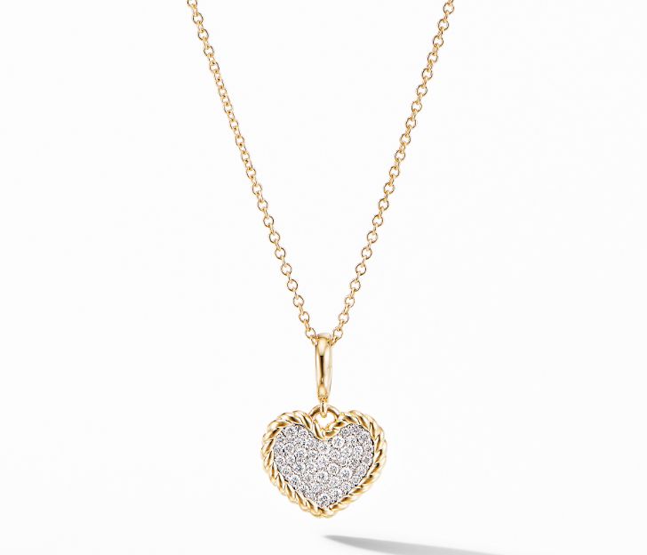 David Yurman Cable Collectibles Pave Plate Heart Charm Necklace in 18K Yellow Gold, 18 IN