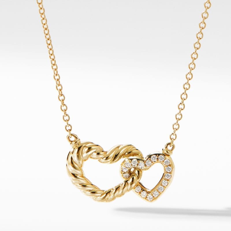 David Yurman Double Heart Pendant Necklace in 18K Yellow Gold with Diamonds, 18 IN