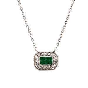 East-West Emerald and Diamond Pendant Necklace in 14k White Gold