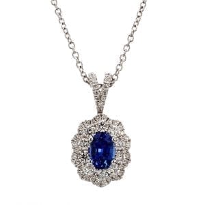 Sapphire and Scalloped Diamond Halo Pendant Necklace in 14k White Gold