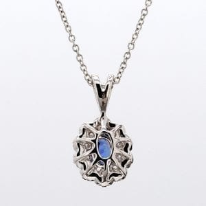 Sapphire and Scalloped Diamond Halo Pendant Necklace in 14k White Gold