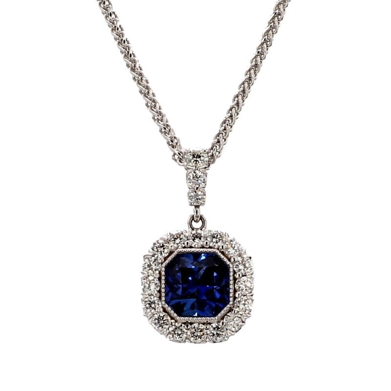 Radiant Cut Sapphire and Diamond Pendant Necklace in 18k White Gold
