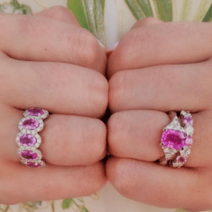 pink and diamond rings on model