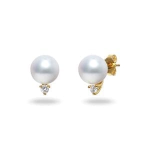 white pearl and diamond stud earrings side view