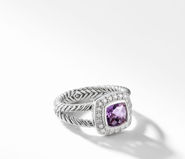 David Yurman Petite Albion Ring with Amethyst and Diamonds, Size 6