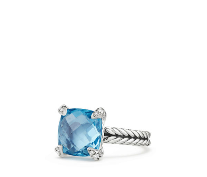 David Yurman Chatelaine Ring with Blue Topaz and Diamonds, 11mm, Size 6