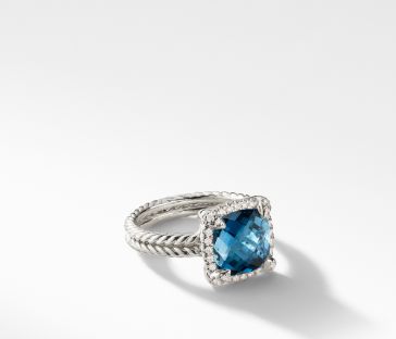 David Yurman Chatelaine Pave Bezel Ring with Hampton Blue Topaz and Diamonds, 9mm, Size 6