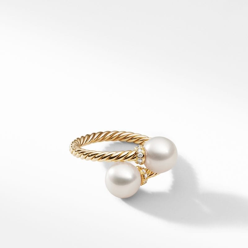 David Yurman Bypass Ring with Pearls and Diamonds in 18K Gold, Size 7