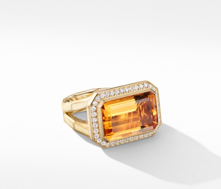David Yurman Novella Statement Ring in 18K Yellow Gold with Madeira Citrine and Diamonds, Size 7
